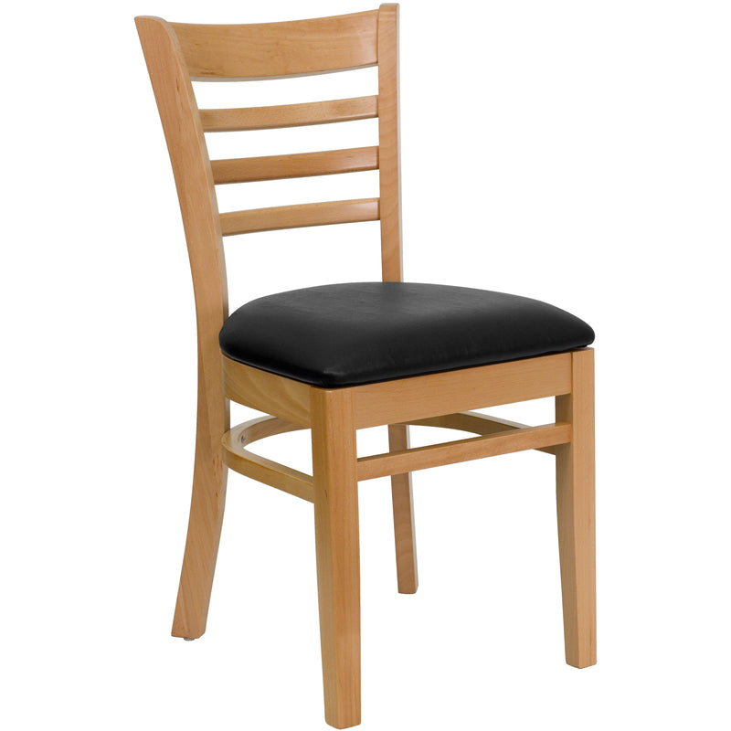 SINGLEWAVE Series Ladder Back Natural Wood Restaurant Chair - Black Vinyl Seat