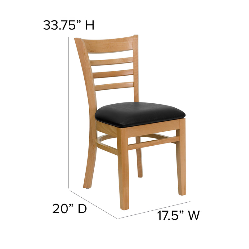 SINGLEWAVE Series Ladder Back Natural Wood Restaurant Chair - Black Vinyl Seat