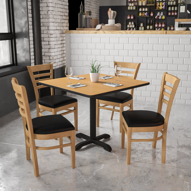 SINGLEWAVE Series Ladder Back Natural Wood Restaurant Chair - Black Vinyl Seat