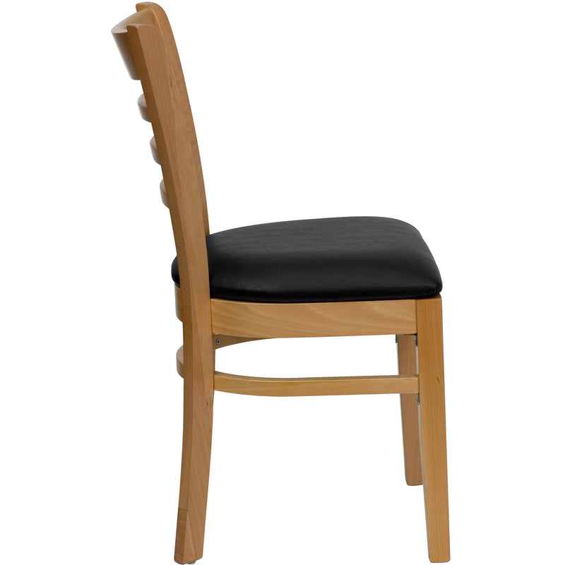 SINGLEWAVE Series Ladder Back Natural Wood Restaurant Chair - Black Vinyl Seat