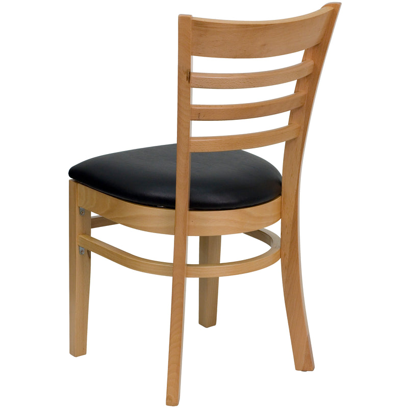 SINGLEWAVE Series Ladder Back Natural Wood Restaurant Chair - Black Vinyl Seat