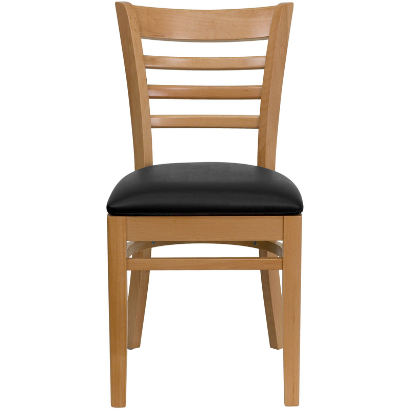 SINGLEWAVE Series Ladder Back Natural Wood Restaurant Chair - Black Vinyl Seat