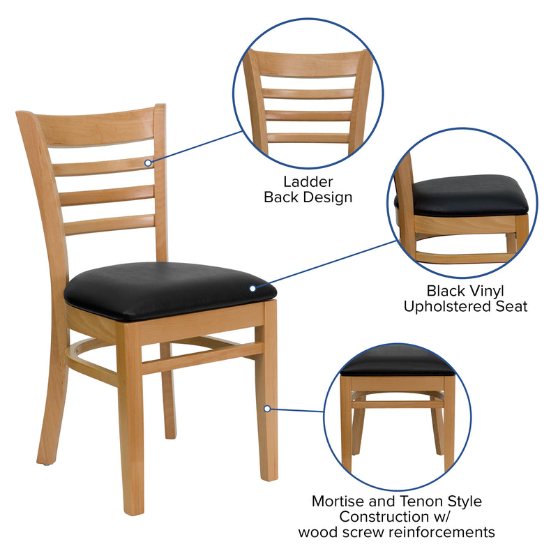 SINGLEWAVE Series Ladder Back Natural Wood Restaurant Chair - Black Vinyl Seat