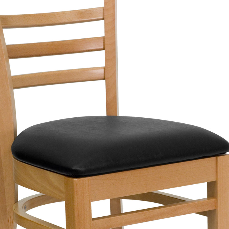 SINGLEWAVE Series Ladder Back Natural Wood Restaurant Chair - Black Vinyl Seat