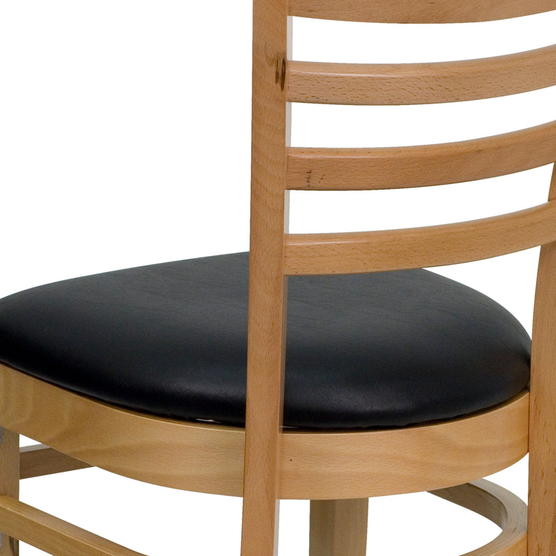 SINGLEWAVE Series Ladder Back Natural Wood Restaurant Chair - Black Vinyl Seat