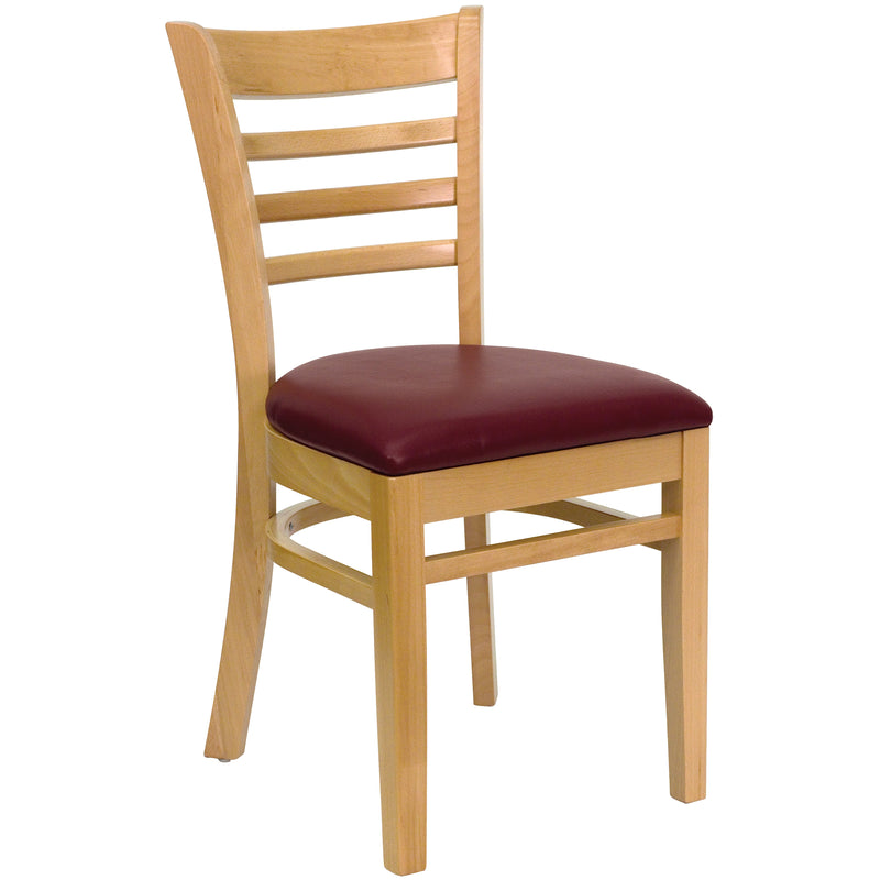 SINGLEWAVE Series Ladder Back Natural Wood Restaurant Chair - Burgundy Vinyl Seat