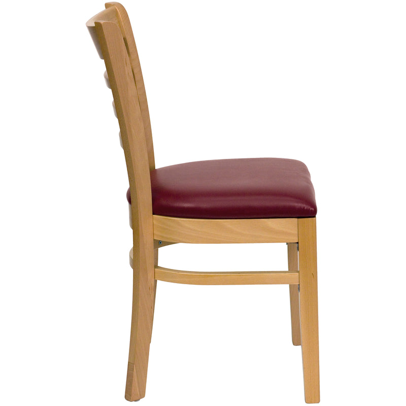 SINGLEWAVE Series Ladder Back Natural Wood Restaurant Chair - Burgundy Vinyl Seat