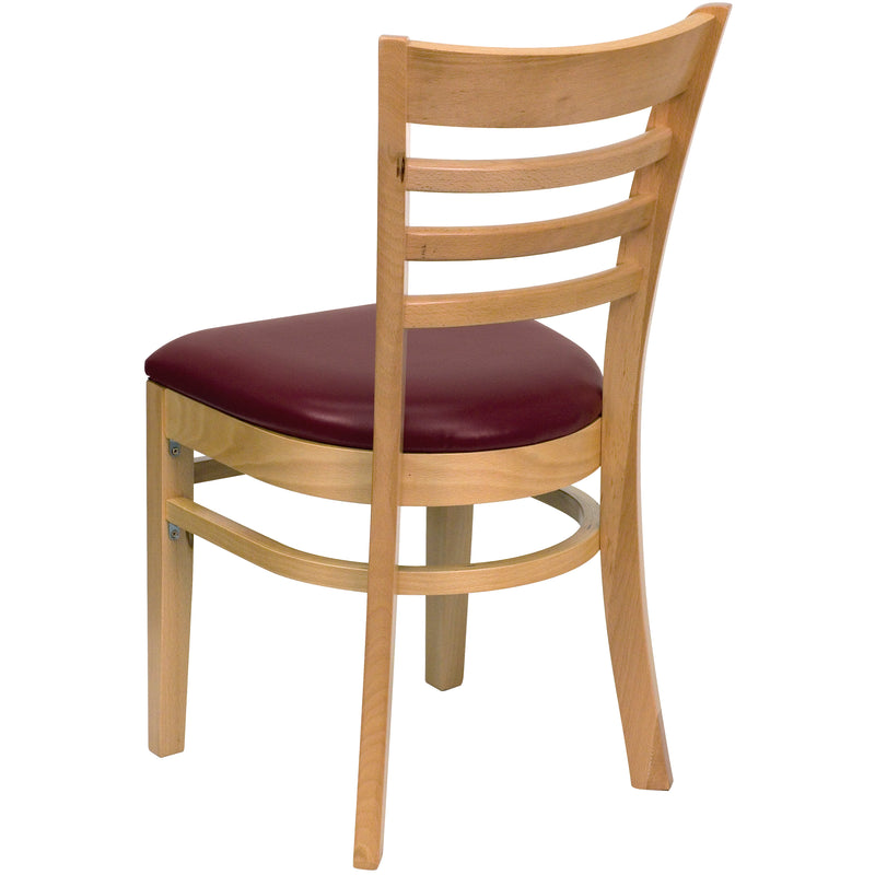 SINGLEWAVE Series Ladder Back Natural Wood Restaurant Chair - Burgundy Vinyl Seat