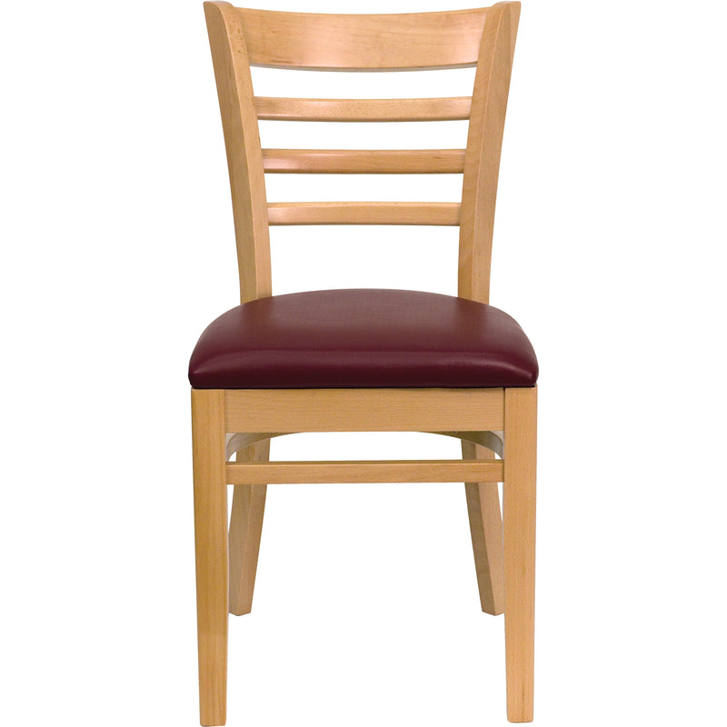 SINGLEWAVE Series Ladder Back Natural Wood Restaurant Chair - Burgundy Vinyl Seat