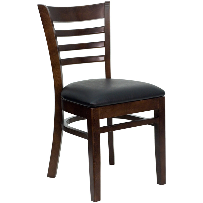 SINGLEWAVE Series Ladder Back Walnut Wood Restaurant Chair - Black Vinyl Seat