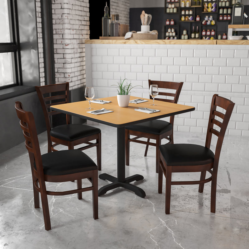 SINGLEWAVE Series Ladder Back Walnut Wood Restaurant Chair - Black Vinyl Seat