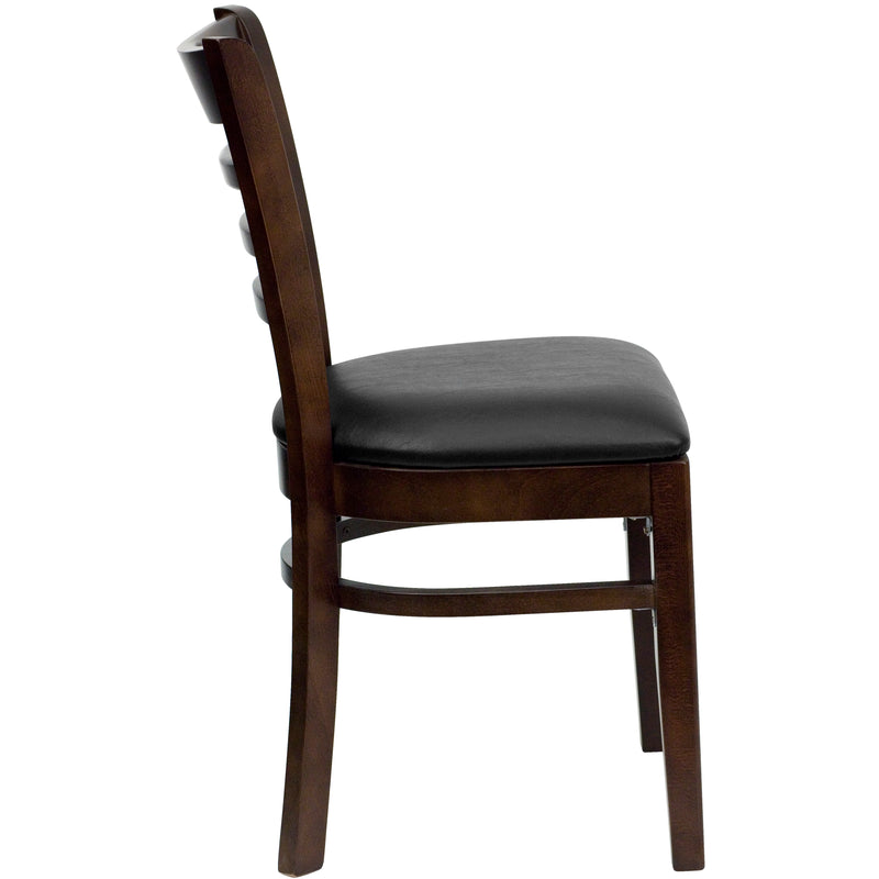 SINGLEWAVE Series Ladder Back Walnut Wood Restaurant Chair - Black Vinyl Seat