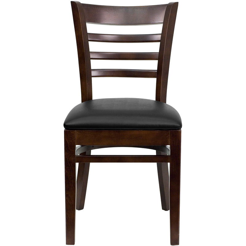 SINGLEWAVE Series Ladder Back Walnut Wood Restaurant Chair - Black Vinyl Seat