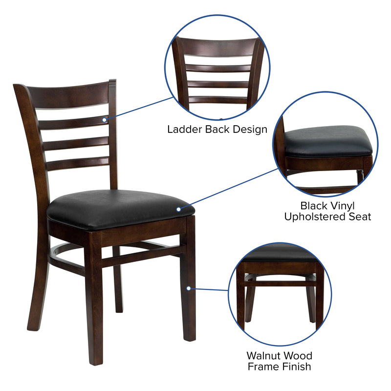 SINGLEWAVE Series Ladder Back Walnut Wood Restaurant Chair - Black Vinyl Seat