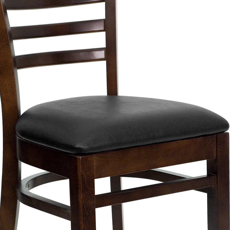 SINGLEWAVE Series Ladder Back Walnut Wood Restaurant Chair - Black Vinyl Seat