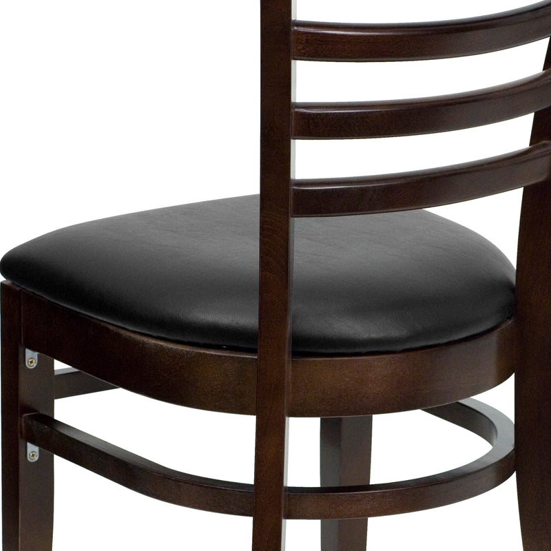 SINGLEWAVE Series Ladder Back Walnut Wood Restaurant Chair - Black Vinyl Seat