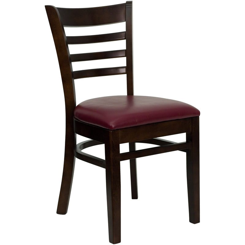 SINGLEWAVE Series Ladder Back Walnut Wood Restaurant Chair - Burgundy Vinyl Seat