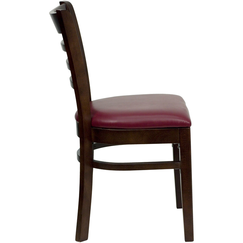 SINGLEWAVE Series Ladder Back Walnut Wood Restaurant Chair - Burgundy Vinyl Seat