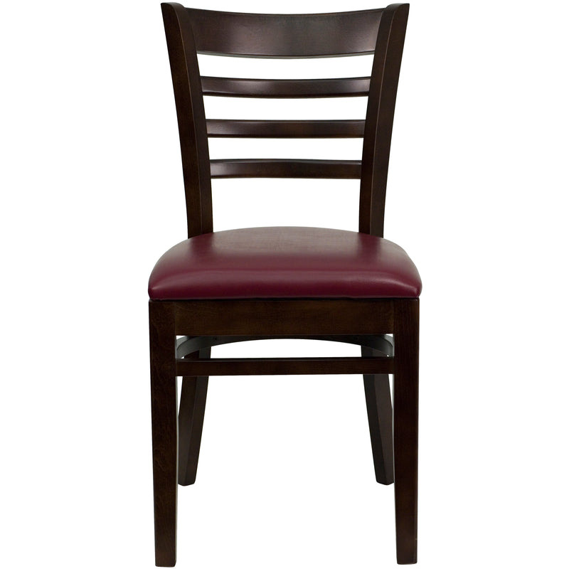 SINGLEWAVE Series Ladder Back Walnut Wood Restaurant Chair - Burgundy Vinyl Seat