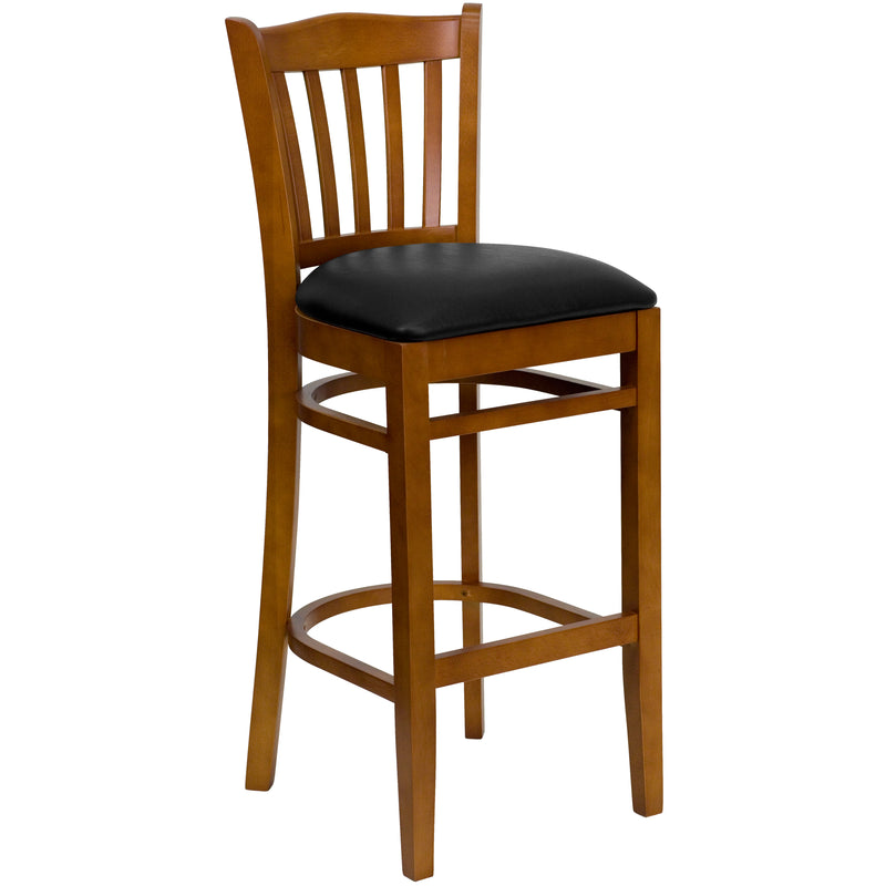 SINGLEWAVE Series Vertical Slat Back Cherry Wood Restaurant Barstool - Black Vinyl Seat