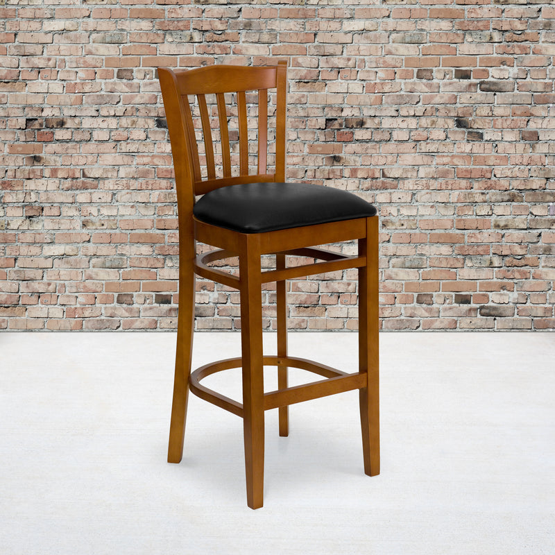 SINGLEWAVE Series Vertical Slat Back Cherry Wood Restaurant Barstool - Black Vinyl Seat