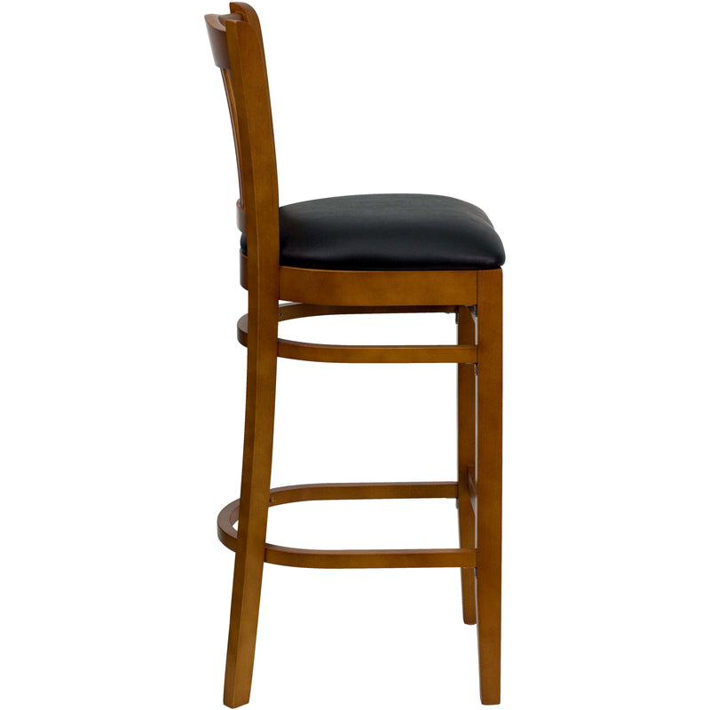 SINGLEWAVE Series Vertical Slat Back Cherry Wood Restaurant Barstool - Black Vinyl Seat