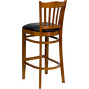 SINGLEWAVE Series Vertical Slat Back Cherry Wood Restaurant Barstool - Black Vinyl Seat