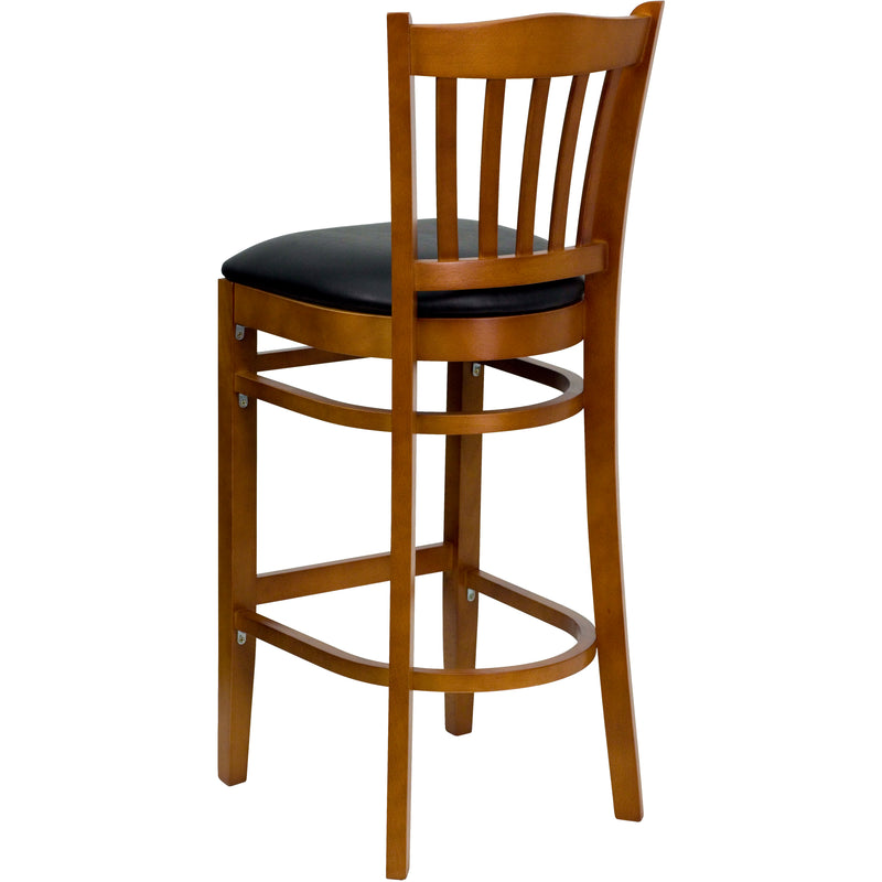 SINGLEWAVE Series Vertical Slat Back Cherry Wood Restaurant Barstool - Black Vinyl Seat