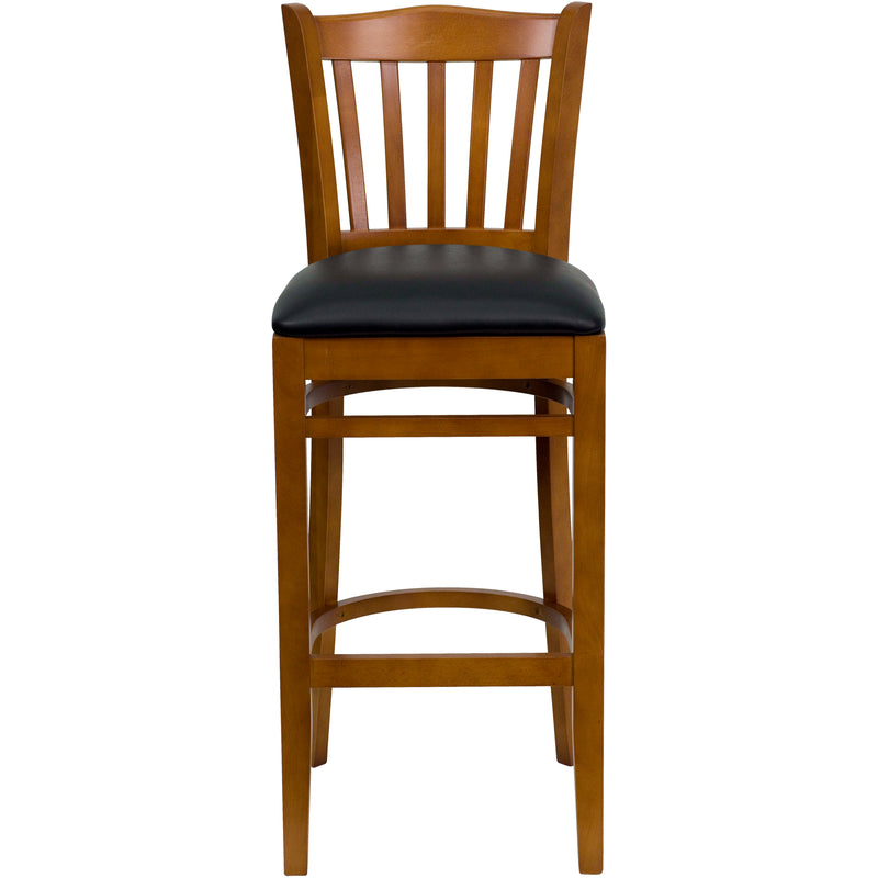 SINGLEWAVE Series Vertical Slat Back Cherry Wood Restaurant Barstool - Black Vinyl Seat