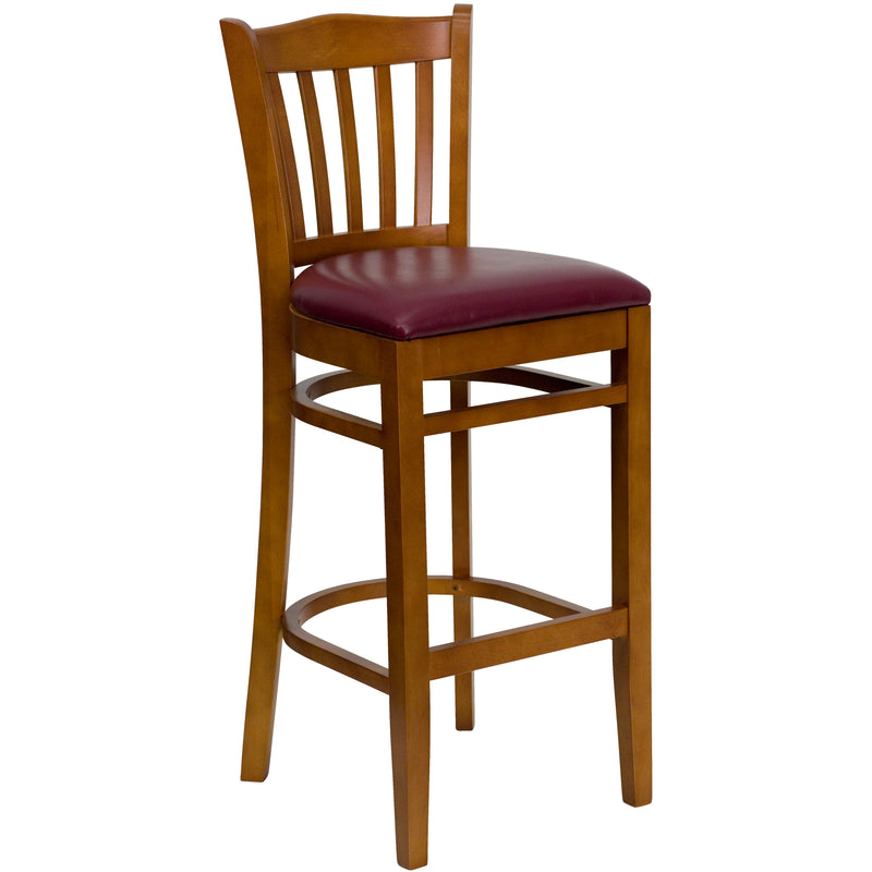 SINGLEWAVE Series Vertical Slat Back Cherry Wood Restaurant Barstool - Burgundy Vinyl Seat