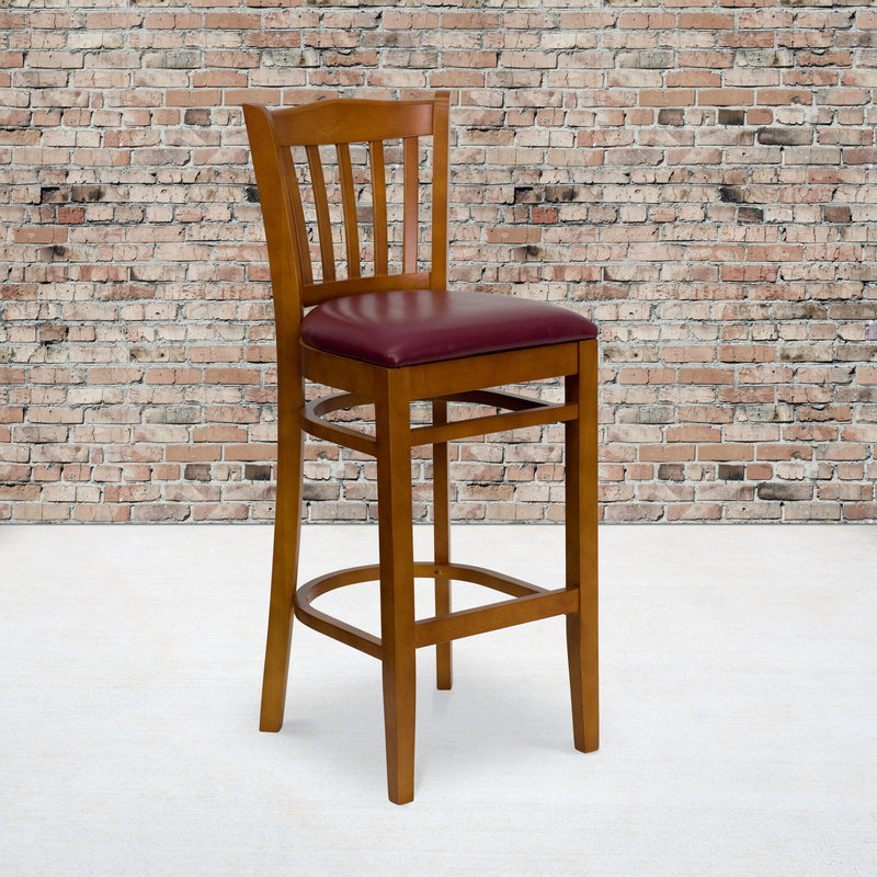 SINGLEWAVE Series Vertical Slat Back Cherry Wood Restaurant Barstool - Burgundy Vinyl Seat