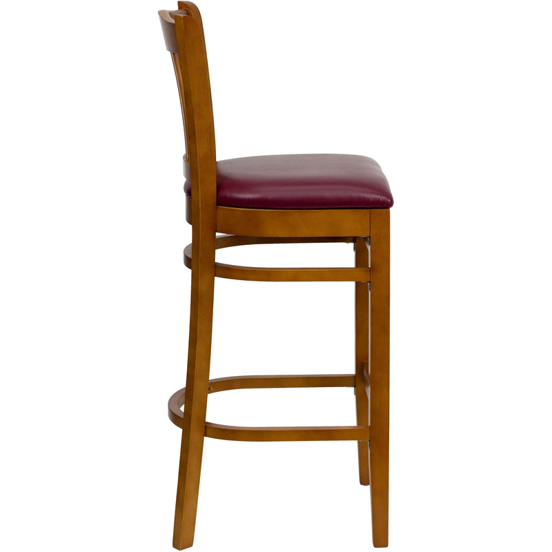 SINGLEWAVE Series Vertical Slat Back Cherry Wood Restaurant Barstool - Burgundy Vinyl Seat