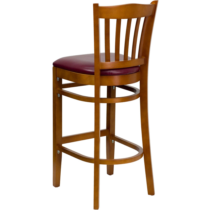 SINGLEWAVE Series Vertical Slat Back Cherry Wood Restaurant Barstool - Burgundy Vinyl Seat