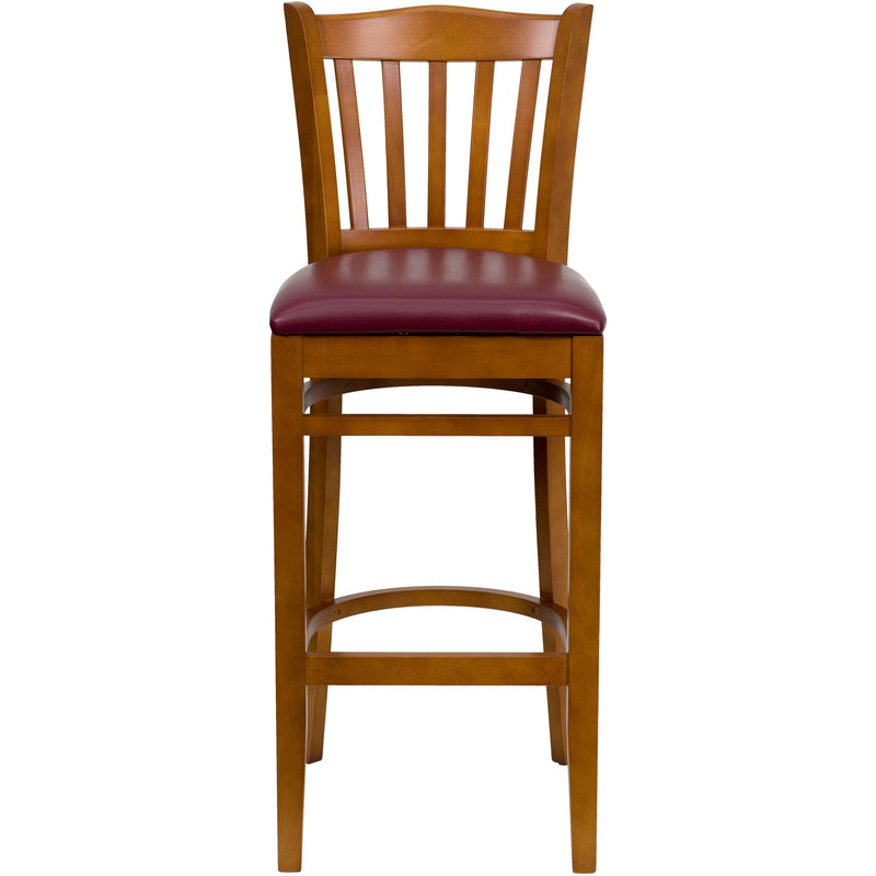 SINGLEWAVE Series Vertical Slat Back Cherry Wood Restaurant Barstool - Burgundy Vinyl Seat