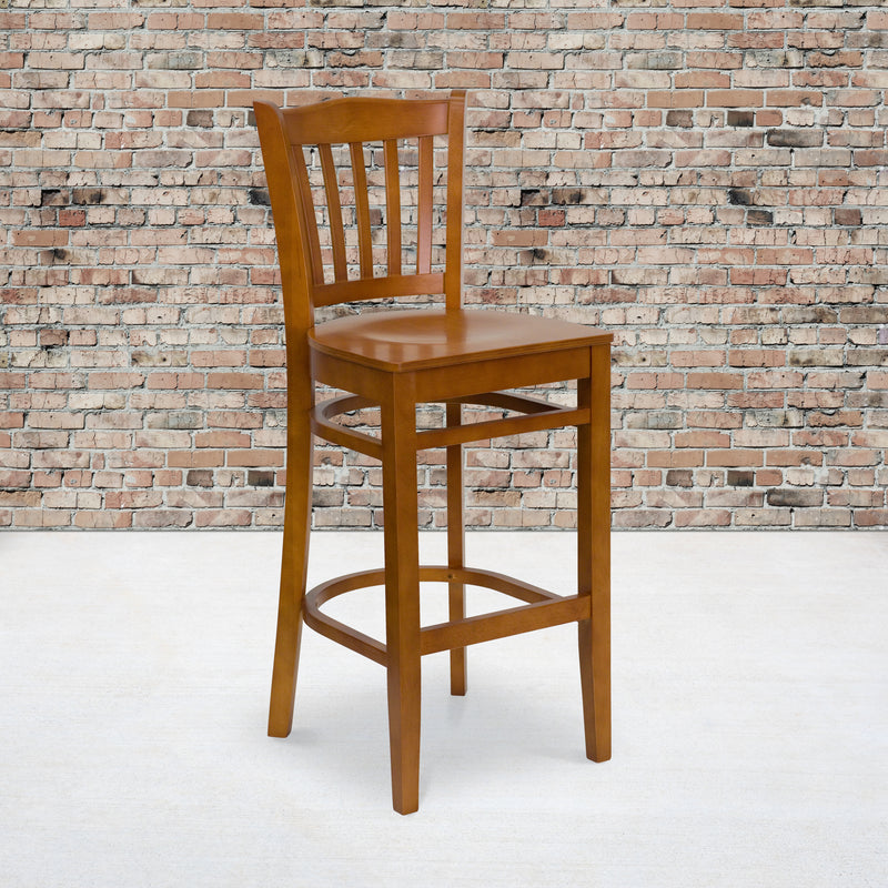 SINGLEWAVE Series Vertical Slat Back Cherry Wood Restaurant Barstool