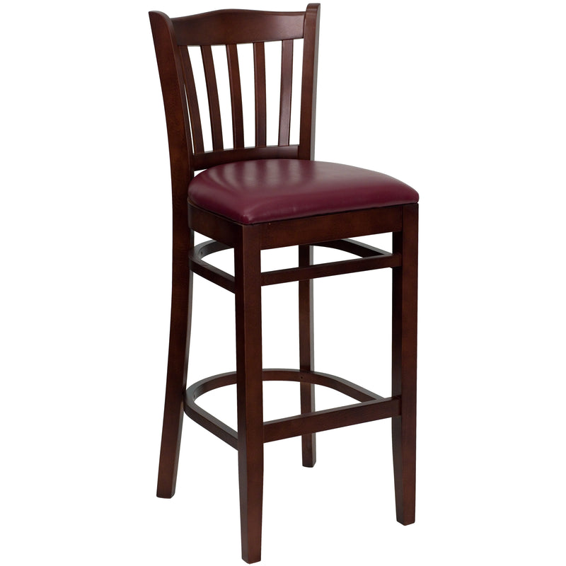 SINGLEWAVE Series Vertical Slat Back Mahogany Wood Restaurant Barstool - Burgundy Vinyl Seat