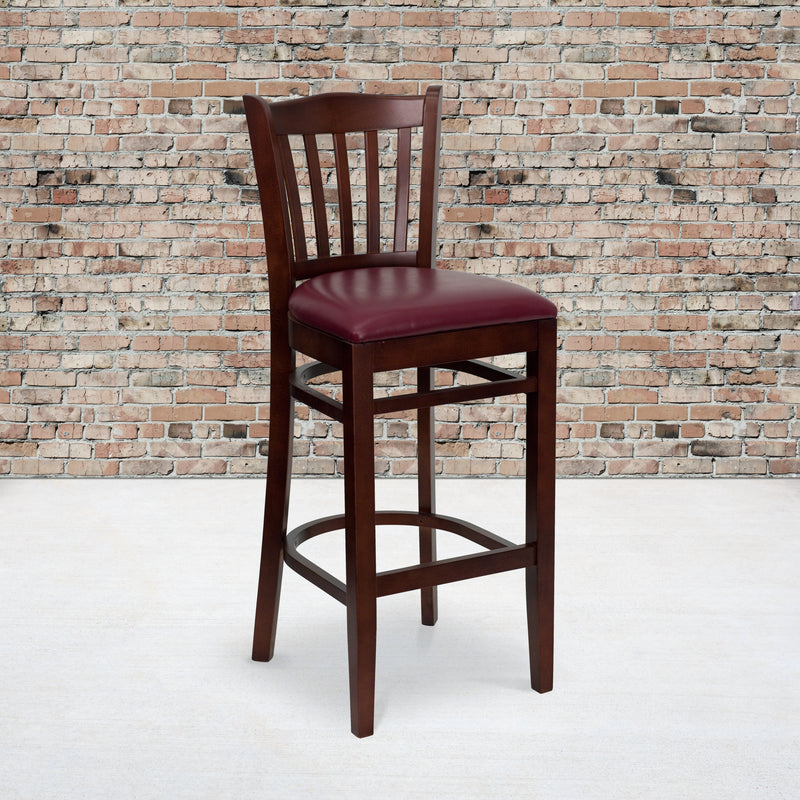 SINGLEWAVE Series Vertical Slat Back Mahogany Wood Restaurant Barstool - Burgundy Vinyl Seat