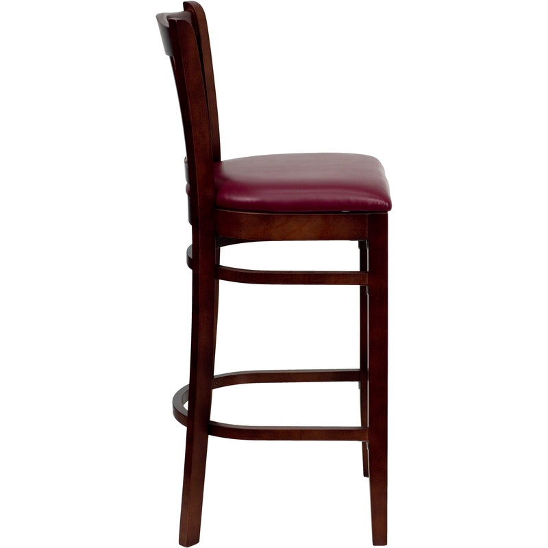 SINGLEWAVE Series Vertical Slat Back Mahogany Wood Restaurant Barstool - Burgundy Vinyl Seat