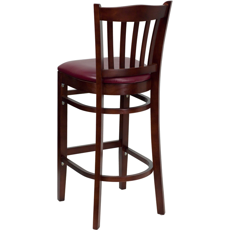 SINGLEWAVE Series Vertical Slat Back Mahogany Wood Restaurant Barstool - Burgundy Vinyl Seat