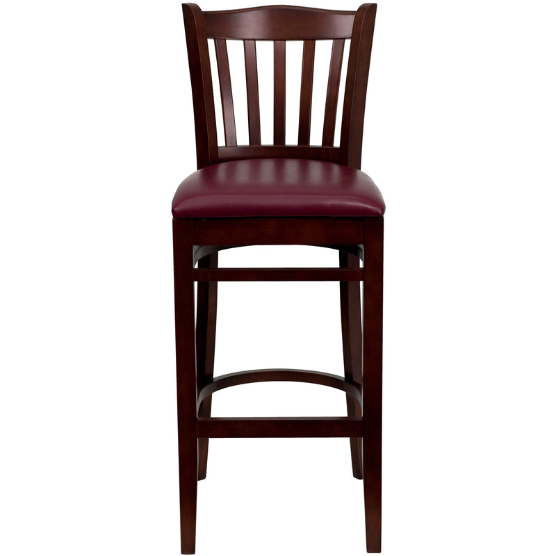 SINGLEWAVE Series Vertical Slat Back Mahogany Wood Restaurant Barstool - Burgundy Vinyl Seat