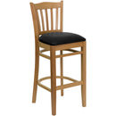 SINGLEWAVE Series Vertical Slat Back Natural Wood Restaurant Barstool - Black Vinyl Seat