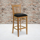 SINGLEWAVE Series Vertical Slat Back Natural Wood Restaurant Barstool - Black Vinyl Seat