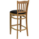 SINGLEWAVE Series Vertical Slat Back Natural Wood Restaurant Barstool - Black Vinyl Seat