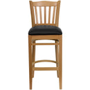 SINGLEWAVE Series Vertical Slat Back Natural Wood Restaurant Barstool - Black Vinyl Seat