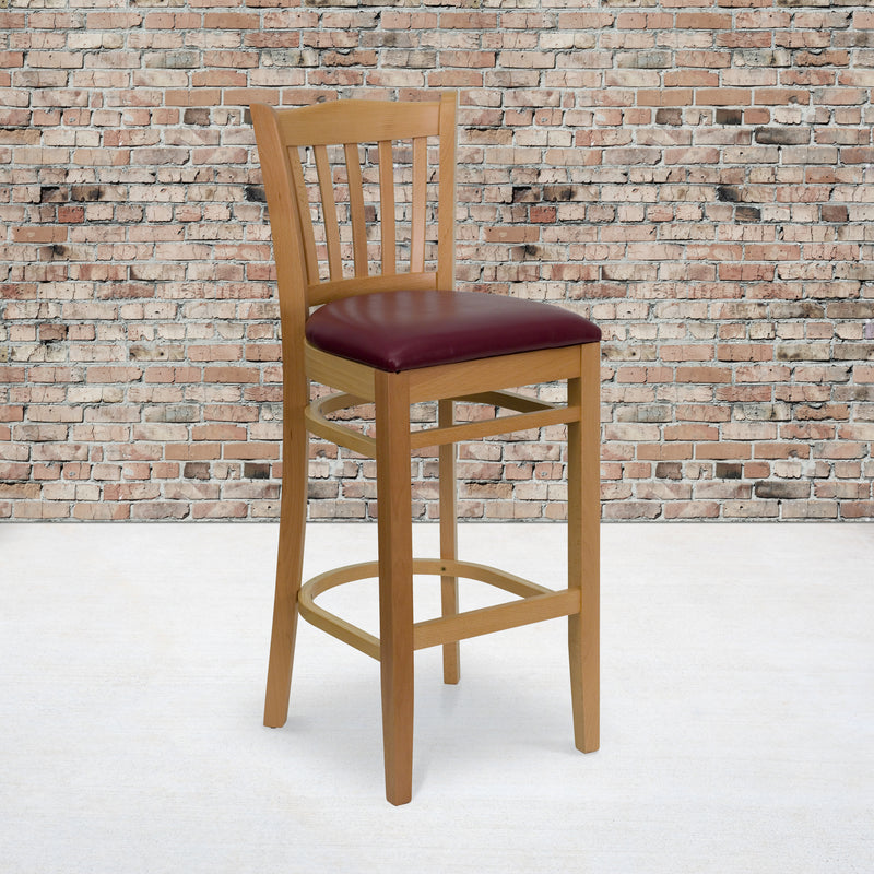 SINGLEWAVE Series Vertical Slat Back Natural Wood Restaurant Barstool - Burgundy Vinyl Seat