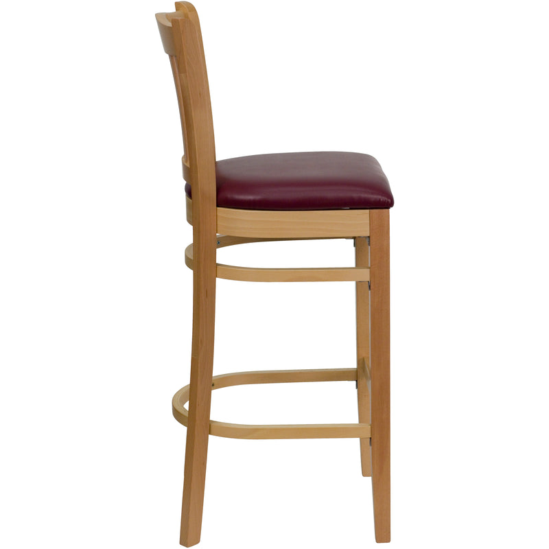 SINGLEWAVE Series Vertical Slat Back Natural Wood Restaurant Barstool - Burgundy Vinyl Seat