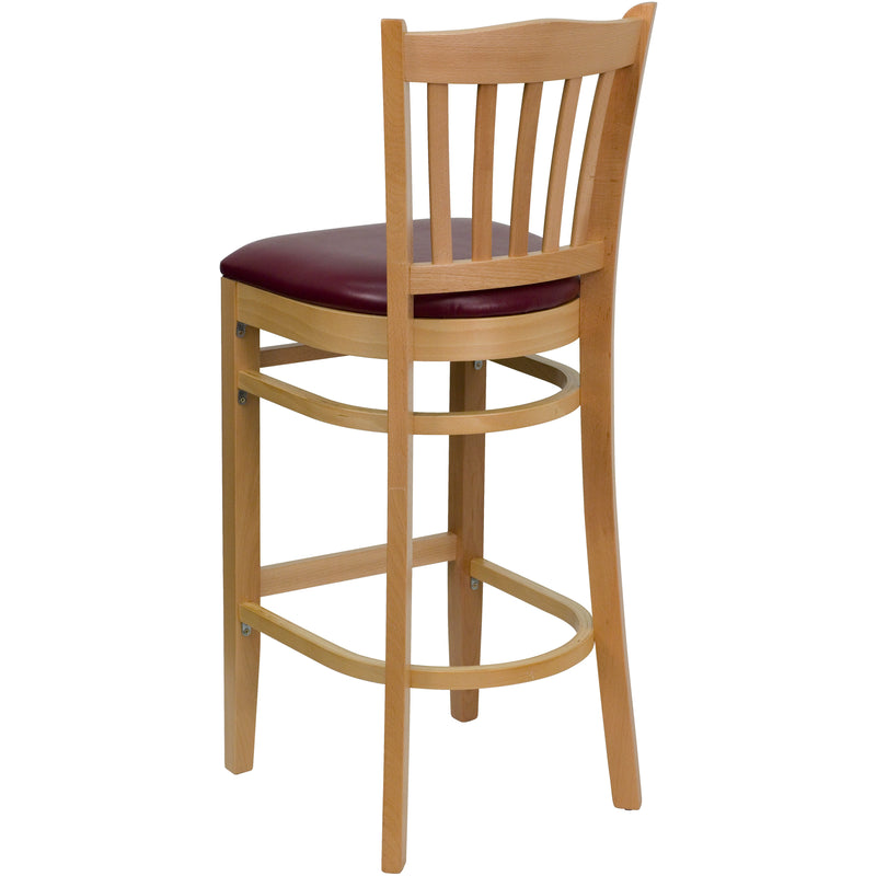 SINGLEWAVE Series Vertical Slat Back Natural Wood Restaurant Barstool - Burgundy Vinyl Seat