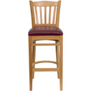 SINGLEWAVE Series Vertical Slat Back Natural Wood Restaurant Barstool - Burgundy Vinyl Seat