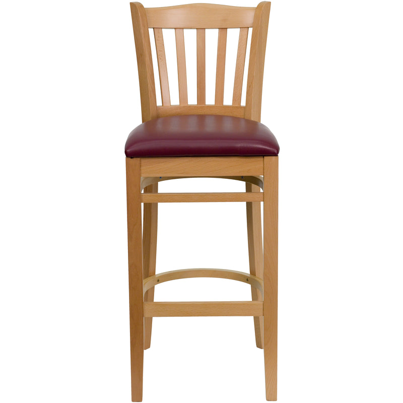 SINGLEWAVE Series Vertical Slat Back Natural Wood Restaurant Barstool - Burgundy Vinyl Seat