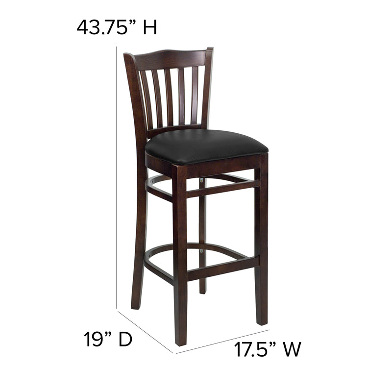 SINGLEWAVE Series Vertical Slat Back Walnut Wood Restaurant Barstool - Black Vinyl Seat